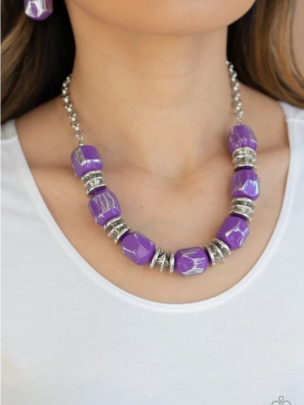 Purple Statement Chunky Bead Necklace with Silver Accents